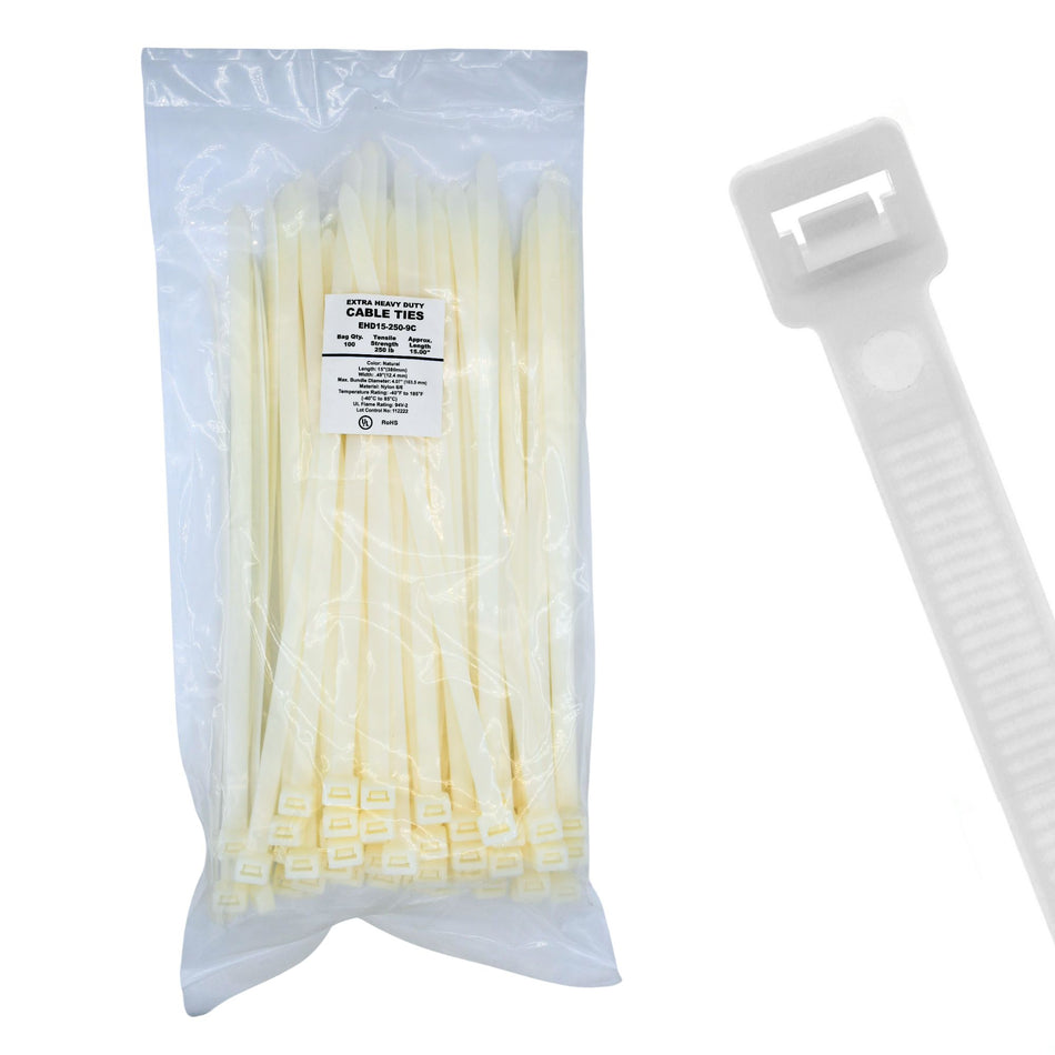 14.96" 250lb Natural Cable Ties 100/bag Part # EHD15-250-9C