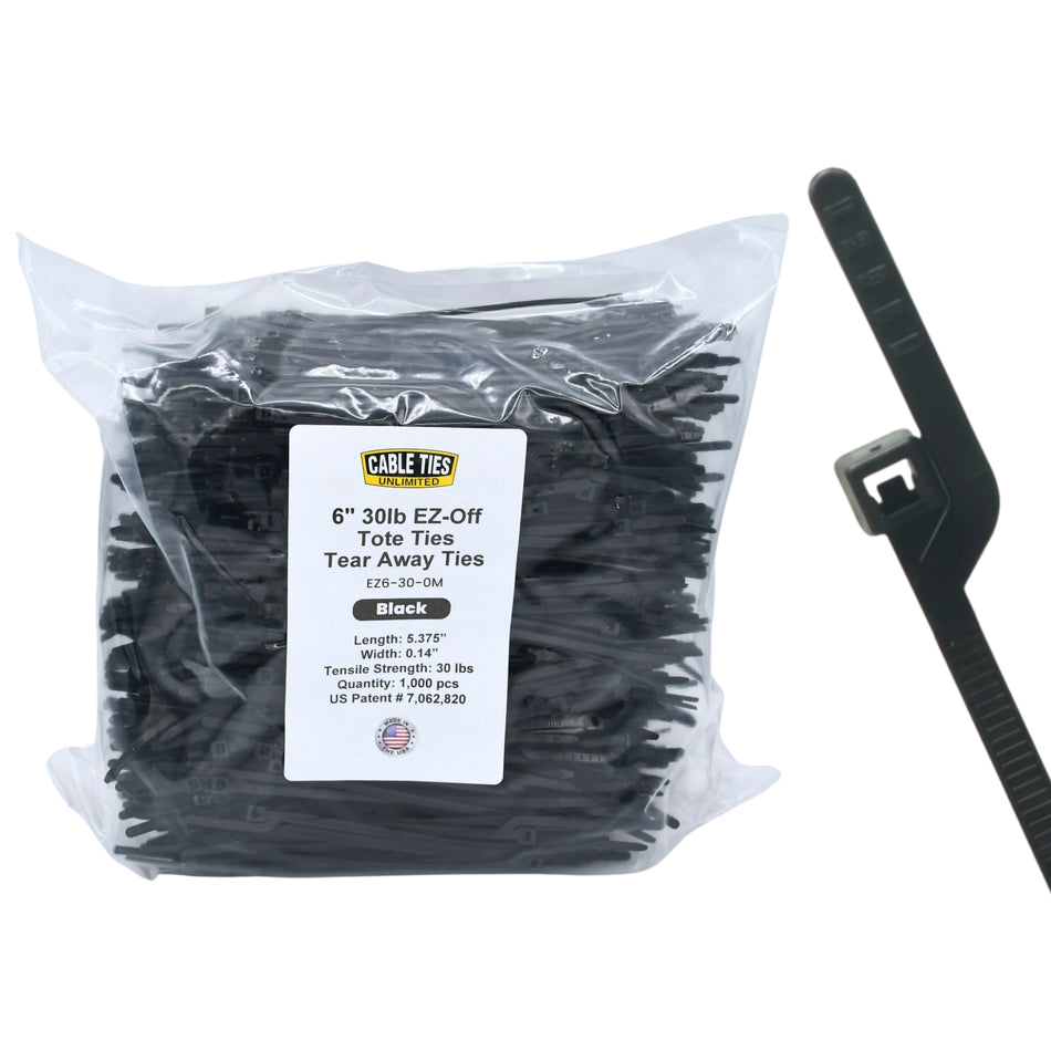 6" 30lb Black EZ-Off Tote Ties 1000/bag Part #EZ6-30-0M