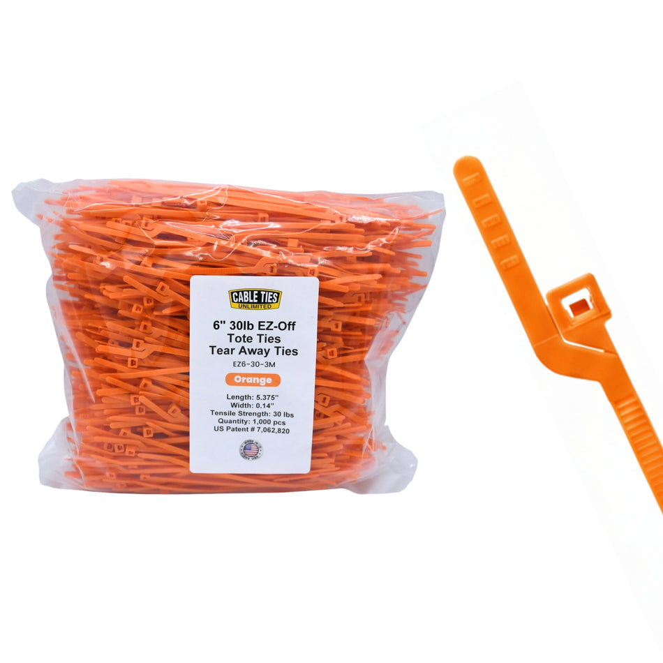 6" 30lb Orange EZ-Off Tote Ties 1000/bag Part #EZ6-30-3M