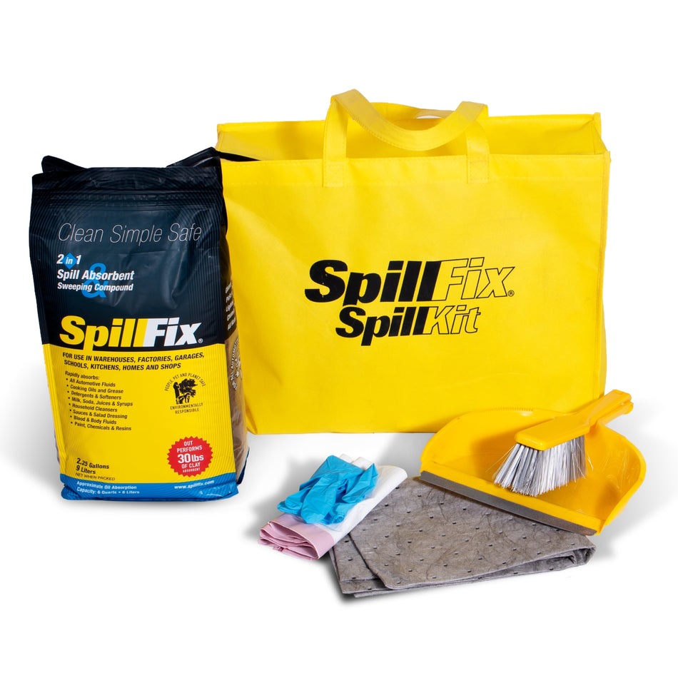 SpillFix Economy Spill Kit, Universal Spill Cleanup Kit with Coconut Coir Absorbent, Hi-Vis Carry Bag, Pads, Gloves & Broom, 1.76 Gallon Capacity product image