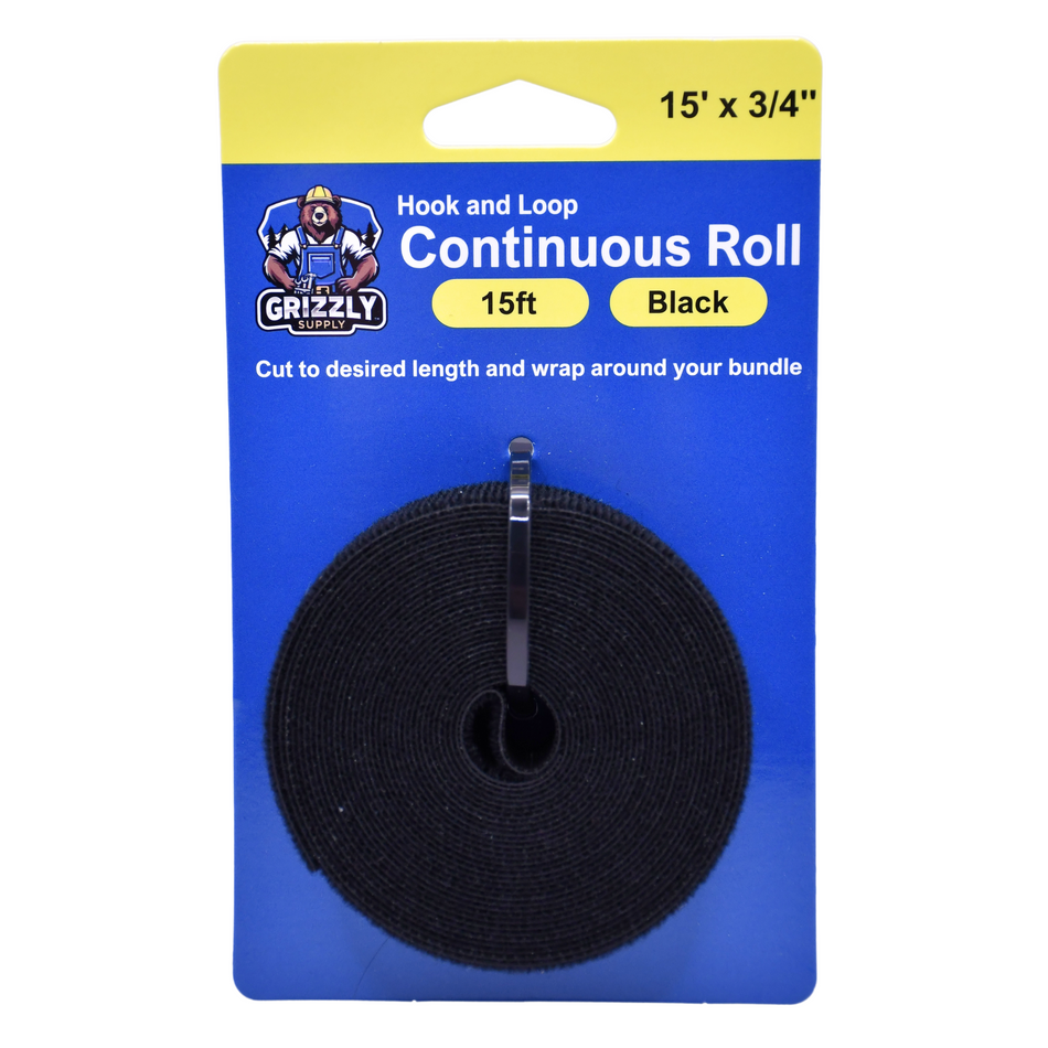 Grizzly Supply 3/4” Black Hook and Loop Continuous Roll 15ft/roll