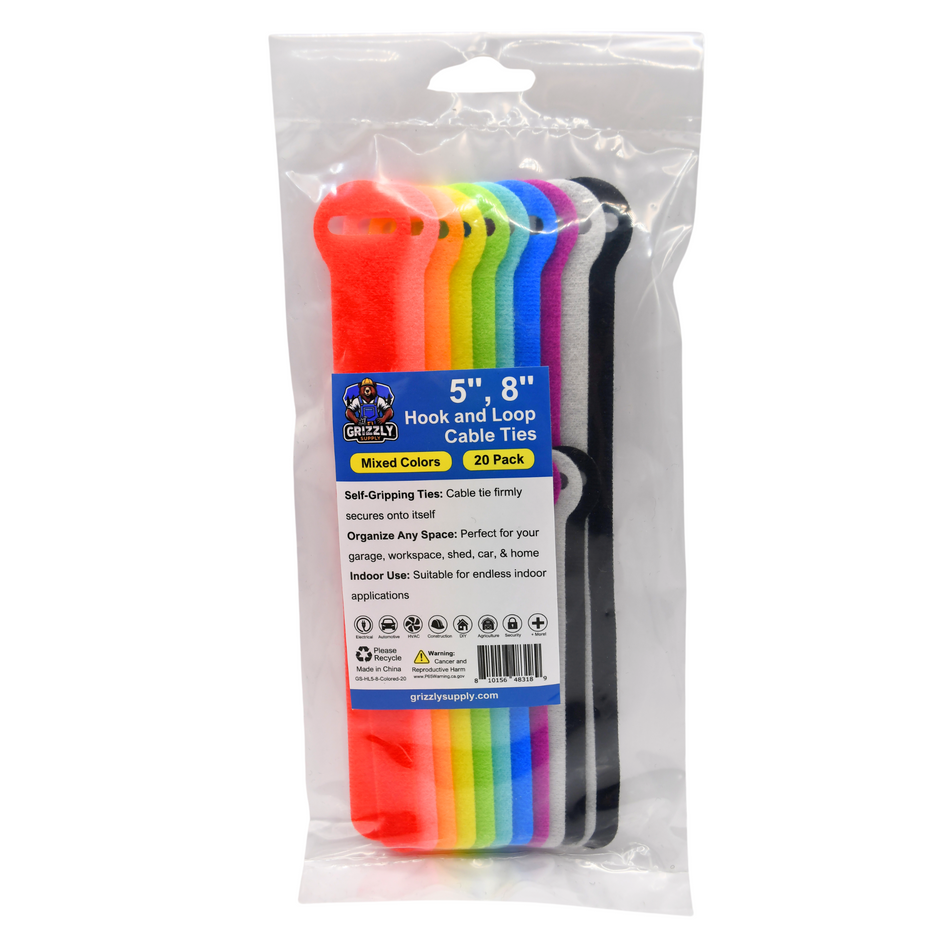 Grizzly Supply 5", 8" Colored Hook and Loop Cable Tie 20/pk