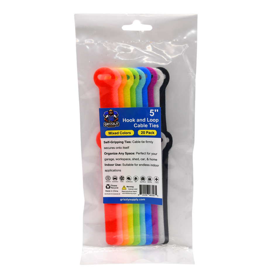Grizzly Supply 5" Colored Hook and Loop Cable Tie 20/pk