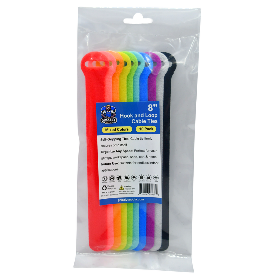 Grizzly Supply 8" Colored Hook and Loop Cable Tie 10/pk