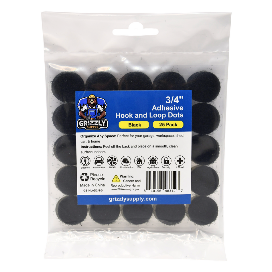 Grizzly Supply .75" Black Adhesive Hook and Loop Dot 25/pk