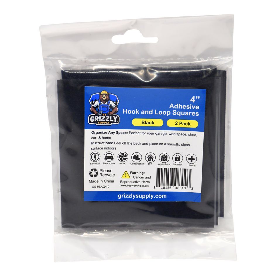 Grizzly Supply 4"x4" Black Adhesive Hook and Loop Square 2/pk