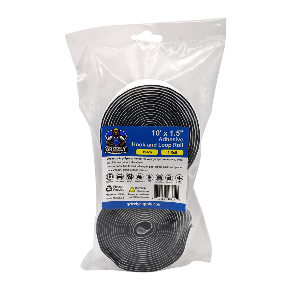 Grizzly Supply 10'x1.5 Black Adhesive Hook and Loop Roll 1/pk
