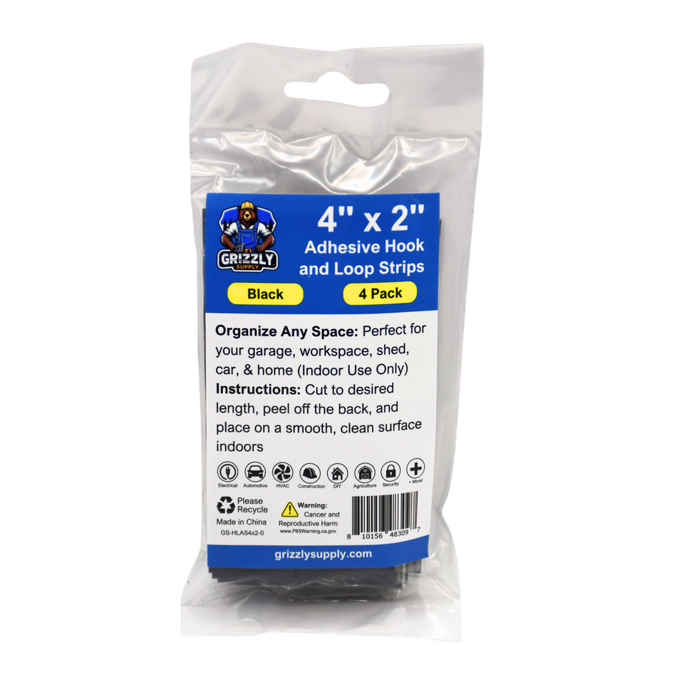 Grizzly Supply 4"x2" Black Adhesive Hook and Loop Strip 4/pk