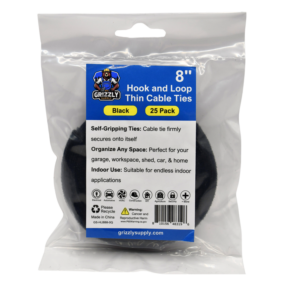 Grizzly Supply 8" Black Back to Back Hook and Loop Cable Tie 25/roll