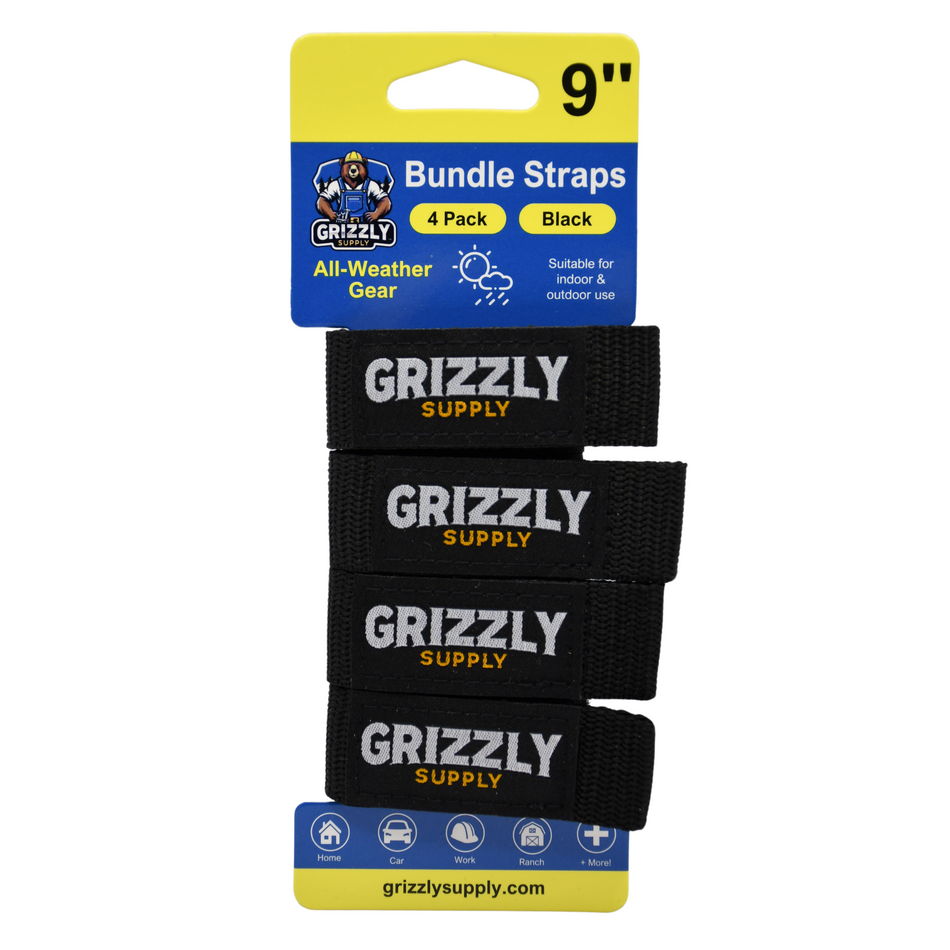 Grizzly Supply 9" Black Hook and Loop Bundle Strap 4/pk