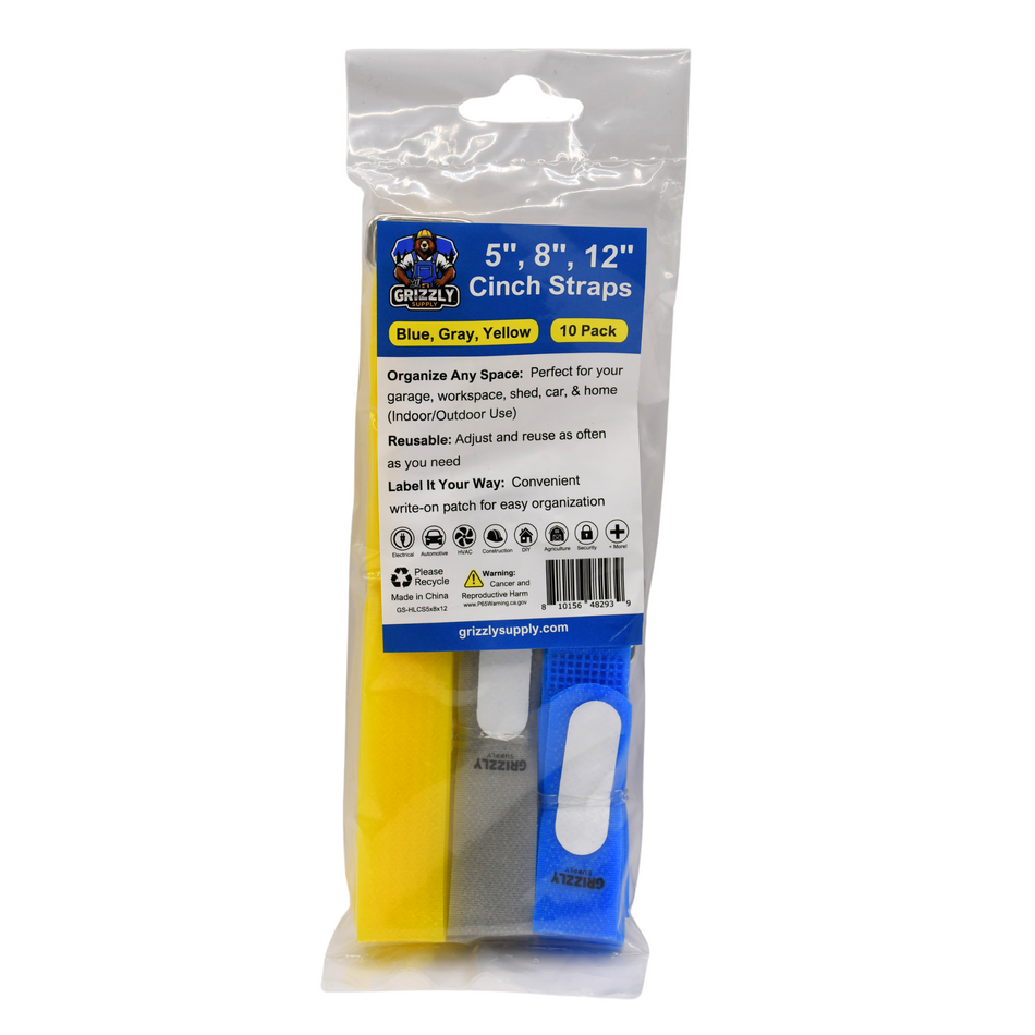 Grizzly Supply 5" Blue (4pc), 8" Gray (3pc), 12'" Yellow (3pc) Hook and Loop Cinch Strap ASIN