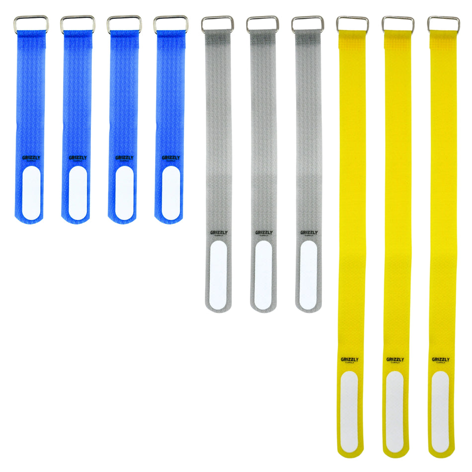 Grizzly Supply 5" Blue (4pc), 8" Gray (3pc), 12'" Yellow (3pc) Hook and Loop Cinch Strap ASIN