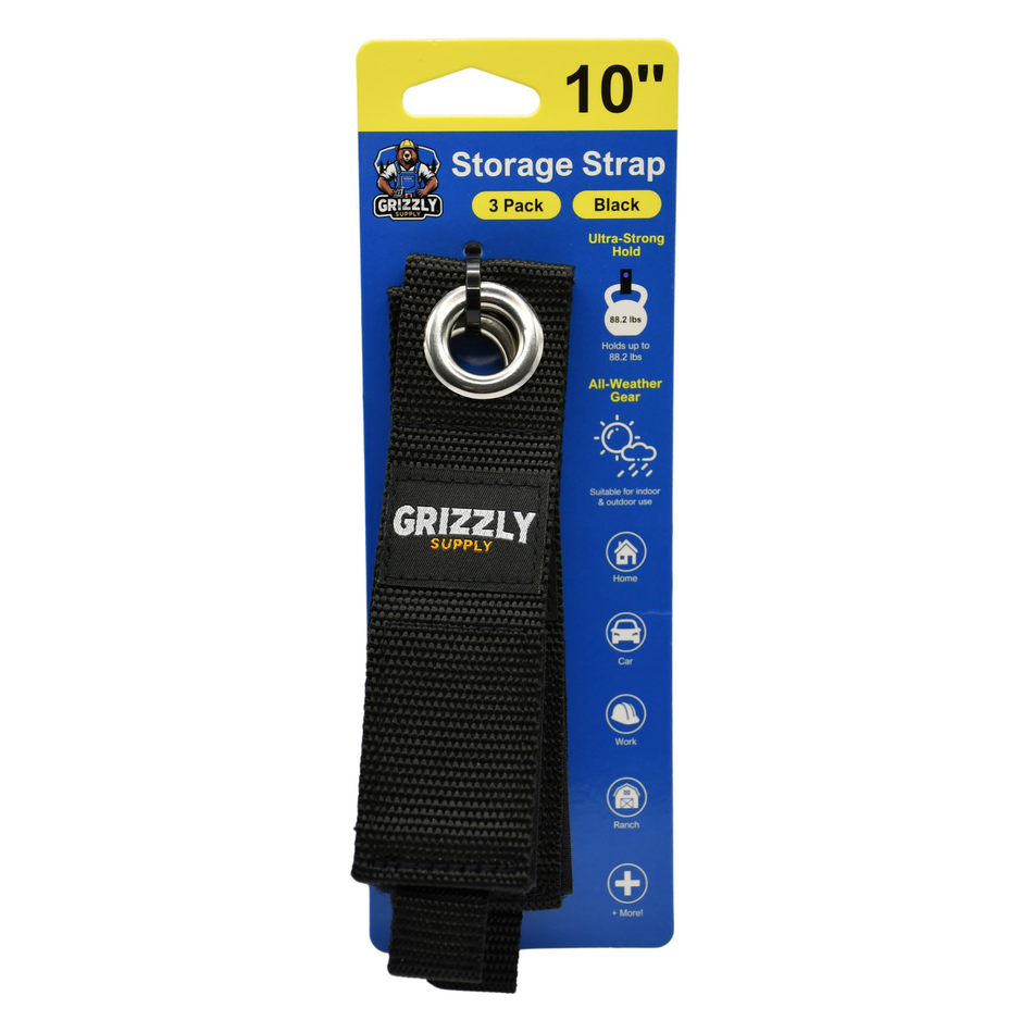 Grizzly Supply 10" Black Hook and Loop Storage Strap 3/pk