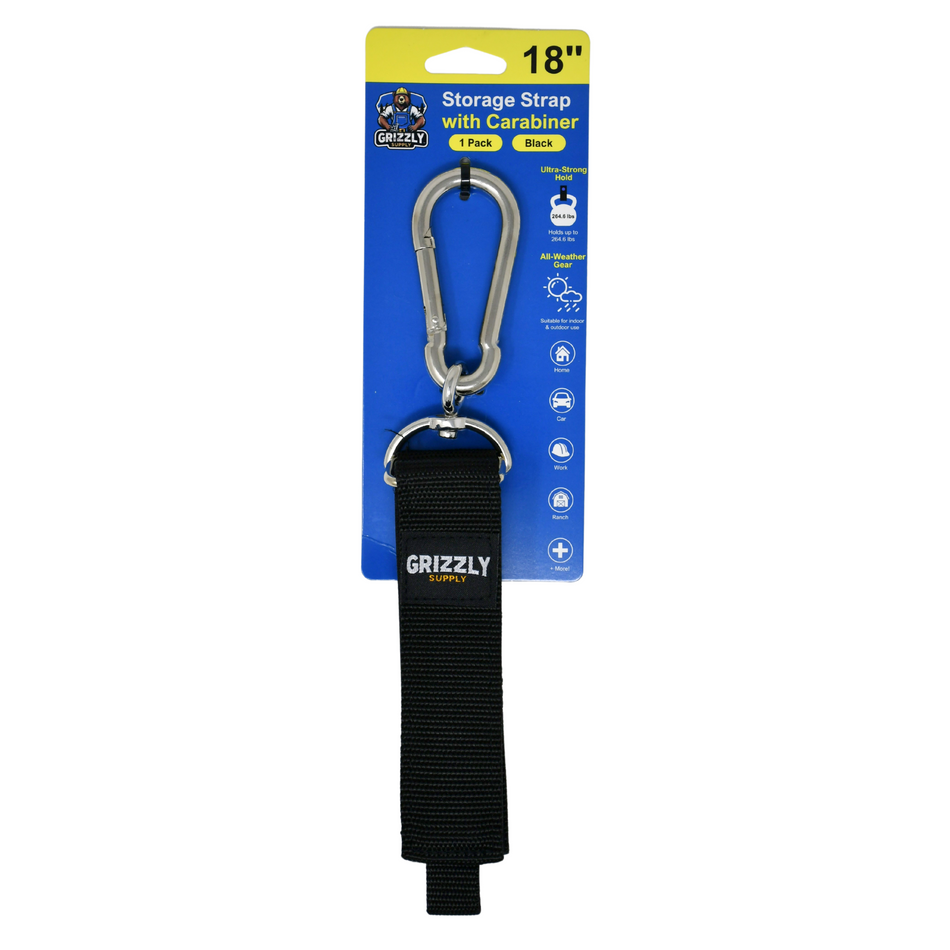 Grizzly Supply 18" Black Hook and Loop Storage Strap with Carabiner 1/pk