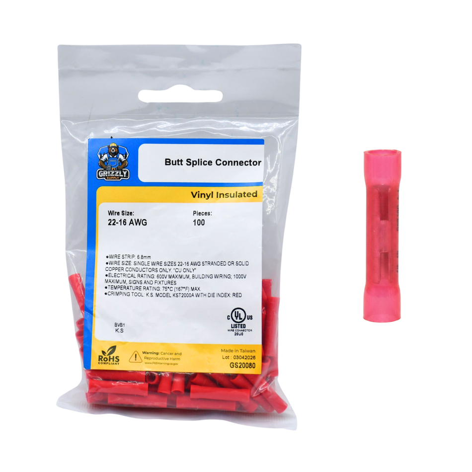 22-18 AWG Red Vinyl Insulated Butted Seam Butt Connectors, 100/bag