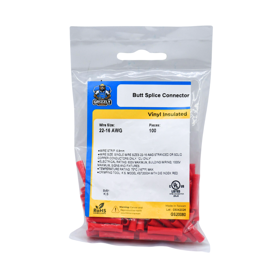 22-18 AWG Red Vinyl Insulated Butted Seam Butt Connectors, 100/bag