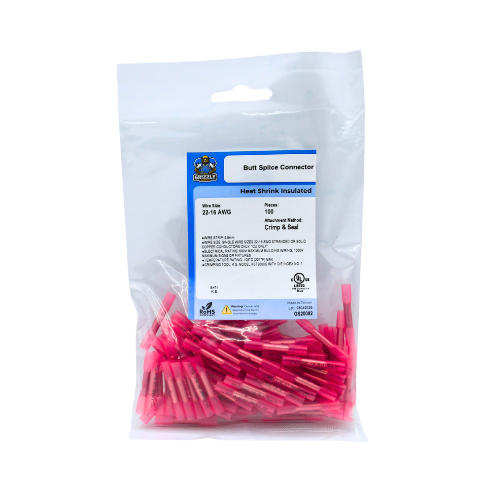 22-18 AWG Red Polyolefin Insulated Heat Shrink Butt Connectors, 100/bag
