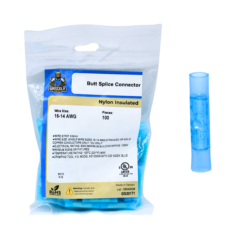 16-14 AWG Blue Nylon Insulated Butted Seam Straight Butt Connectors, 100/bag