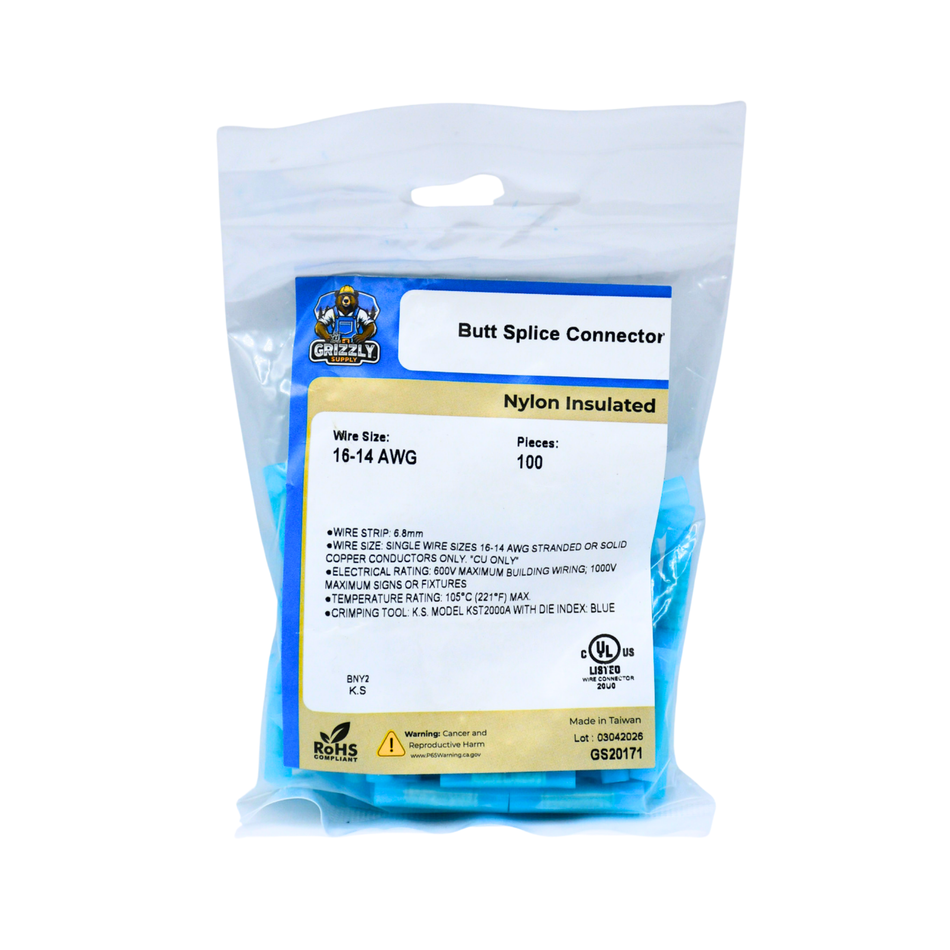 16-14 AWG Blue Nylon Insulated Butted Seam Straight Butt Connectors, 100/bag