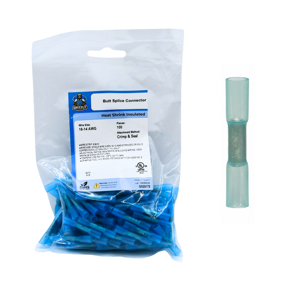 16-14 AWG Blue Polyolefin Insulated Heat Shrink Butt Connectors, 100/bag