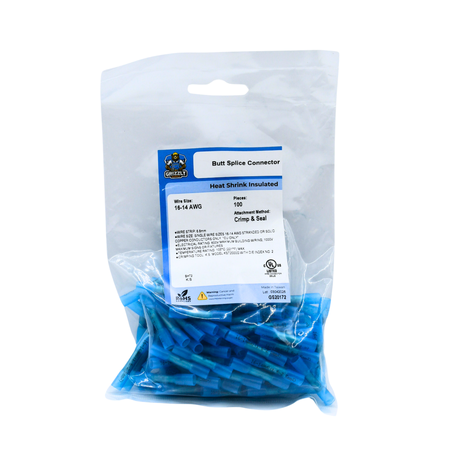 16-14 AWG Blue Polyolefin Insulated Heat Shrink Butt Connectors, 100/bag