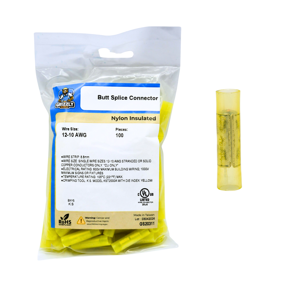 12-10 AWG Yellow Nylon Insulated Butted Seam Straight Butt Connectors 100/bag