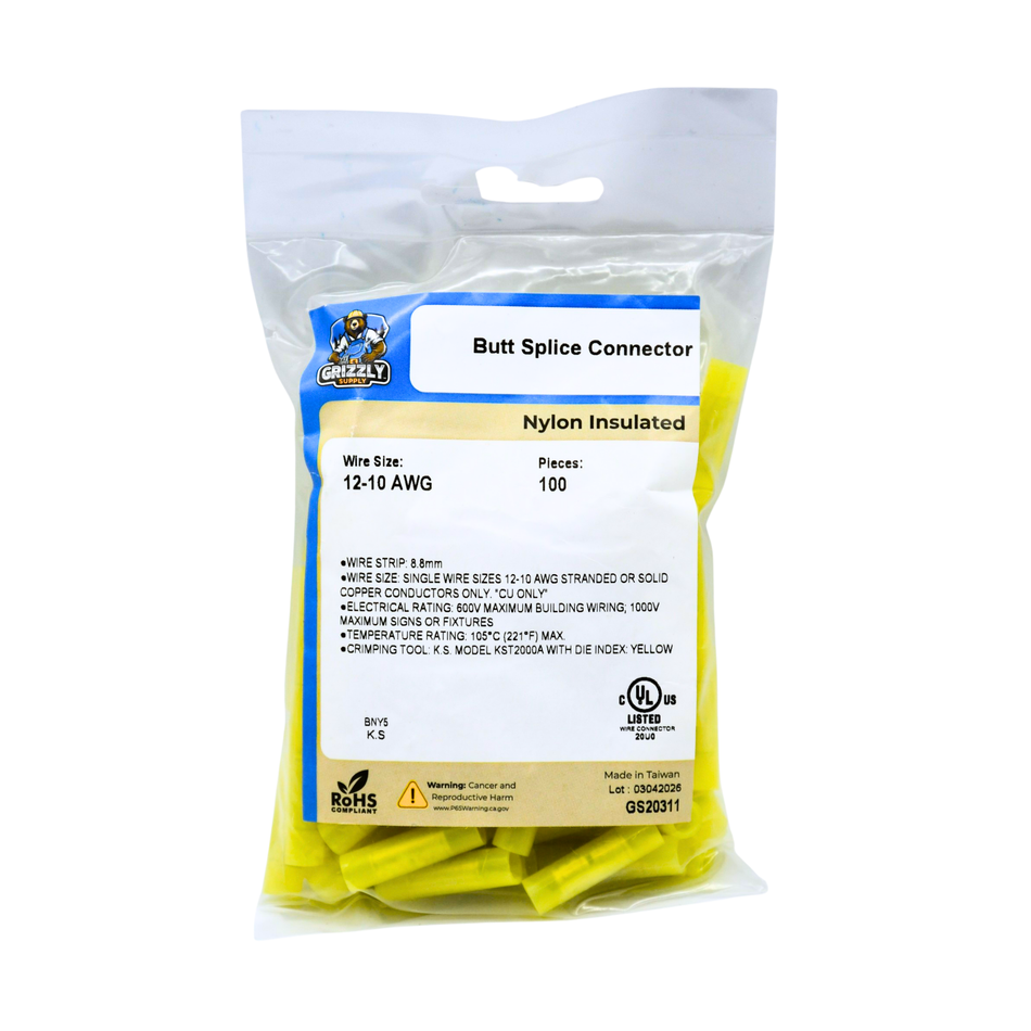 12-10 AWG Yellow Nylon Insulated Butted Seam Straight Butt Connectors 100/bag