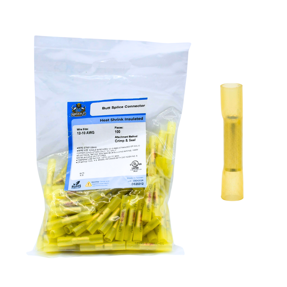 12-10 AWG Yellow Polyolefin Insulated Heat Shrink Butt Connectors, 100/bag