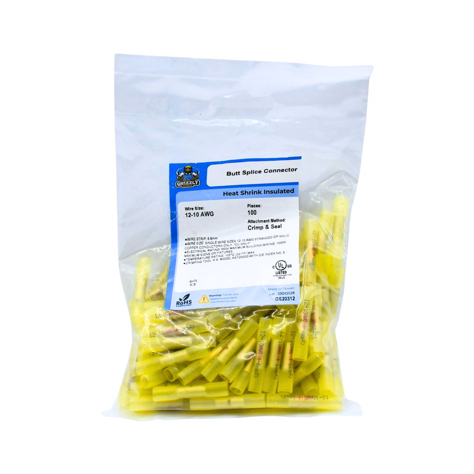 12-10 AWG Yellow Polyolefin Insulated Heat Shrink Butt Connectors, 100/bag