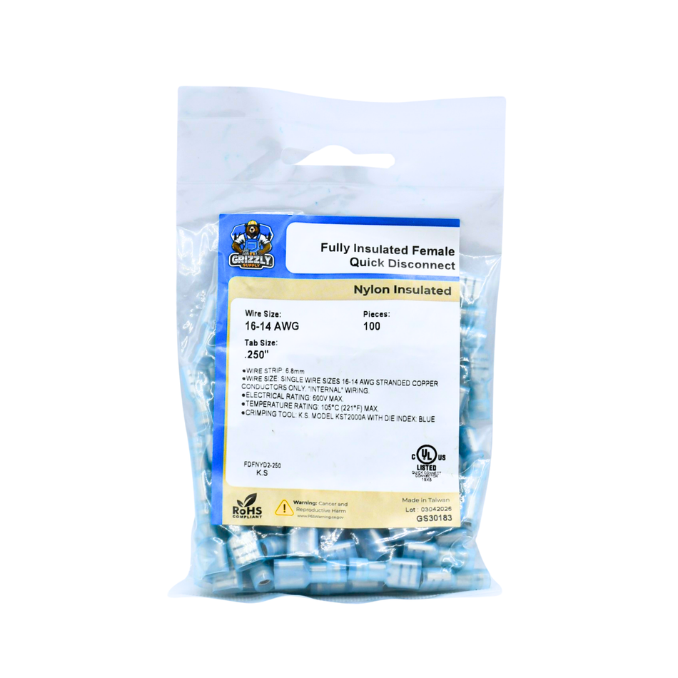 16-14 AWG Blue Nylon Insulated Fully Insulated Female Quick Disconnect 100/Bag