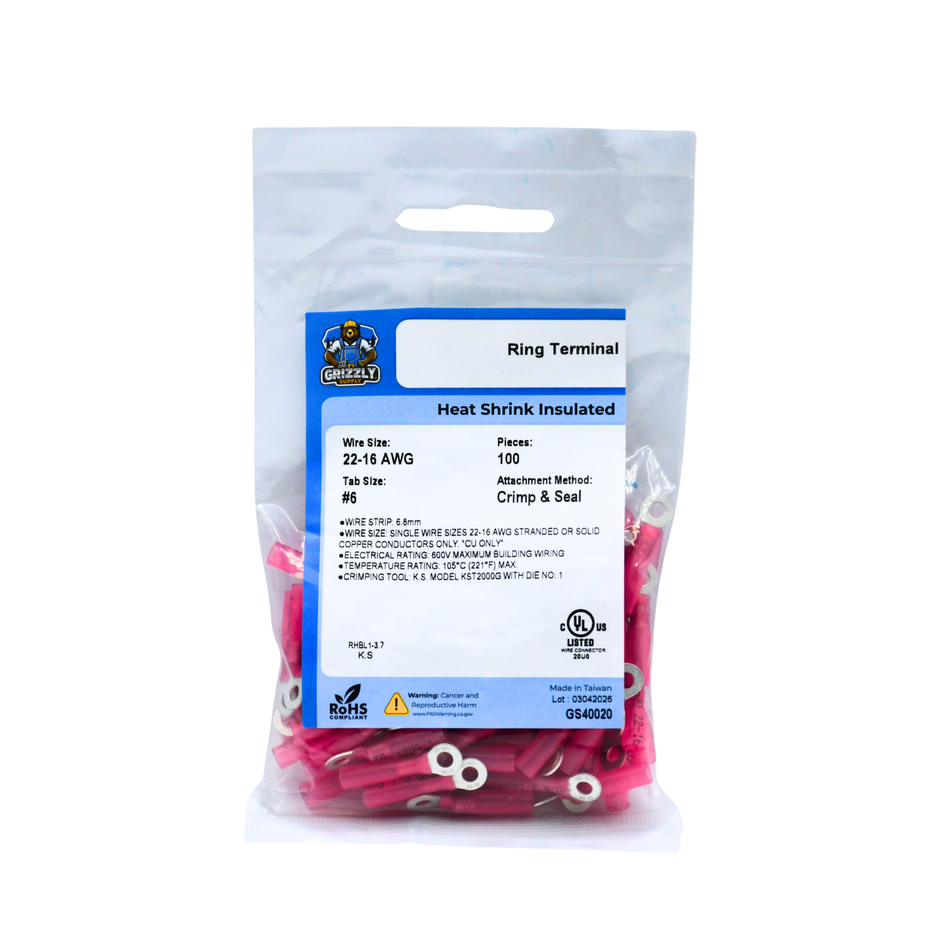 22-16 AWG Heat Shrink - Crimp & Seal #6 Stud Ring Terminal 100/Bag