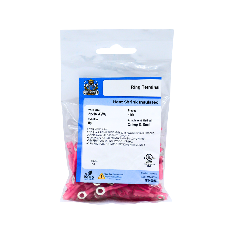 22-16 AWG Heat Shrink - Crimp & Seal #8 Stud Ring Terminal 100/Bag