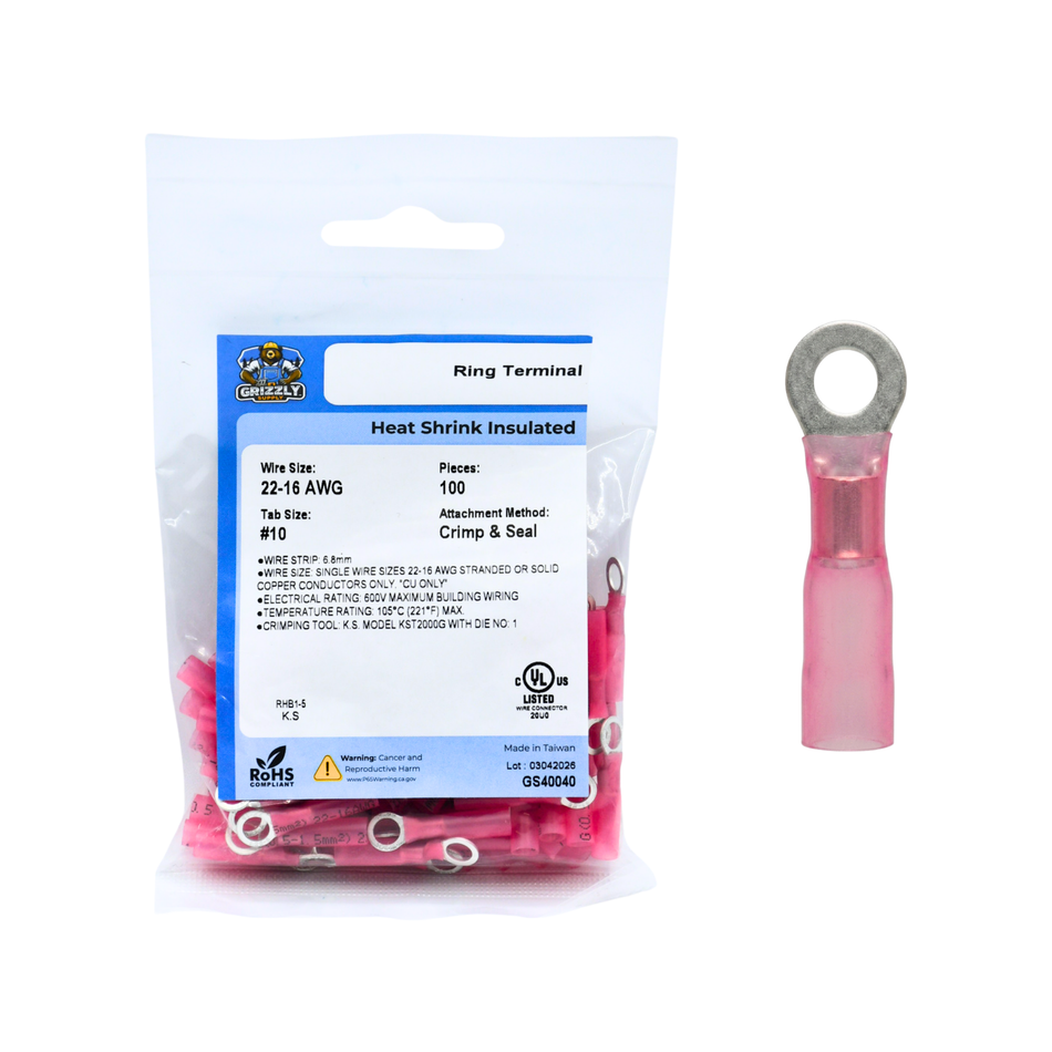 22-18 AWG Heat Shrink - Crimp & Seal #10 Stud Ring Terminal 100/Bag
