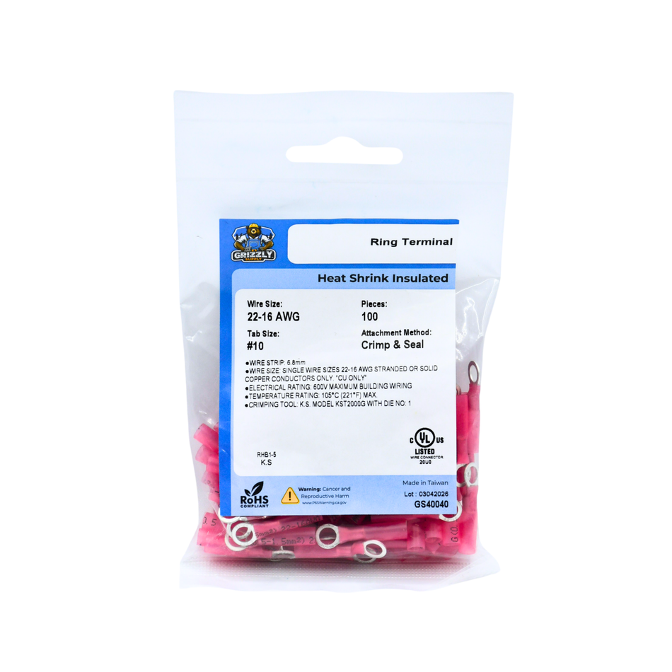 22-18 AWG Heat Shrink - Crimp & Seal #10 Stud Ring Terminal 100/Bag