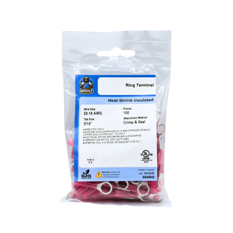 22-16 AWG Red Heat Shrink Insulated Ring Terminal 100/bag