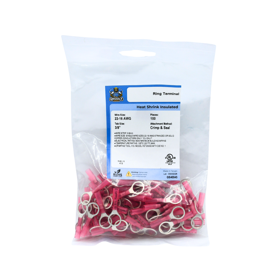 22-18 AWG Heat Shrink - Crimp & Seal 3/8" Stud Ring Terminal 100/Bag