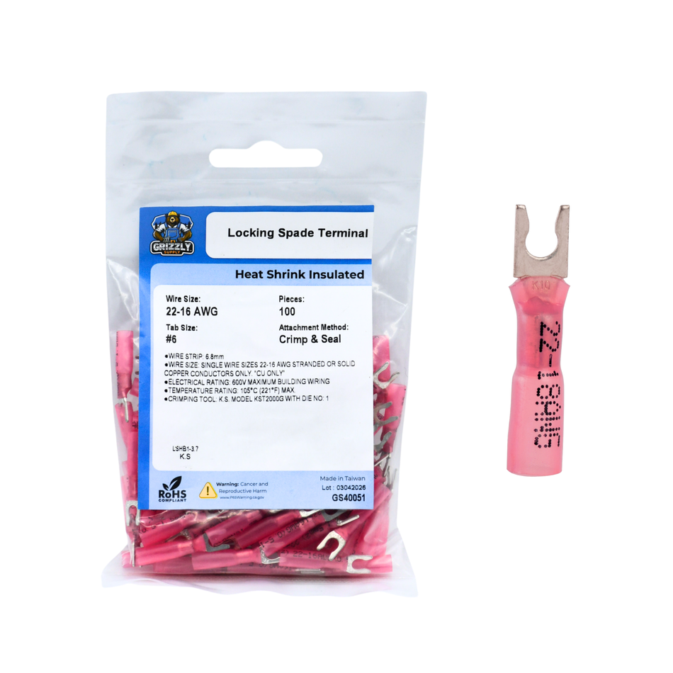 22-18 AWG Heat Shrink #6 Snap Spade Terminal 100/Bag