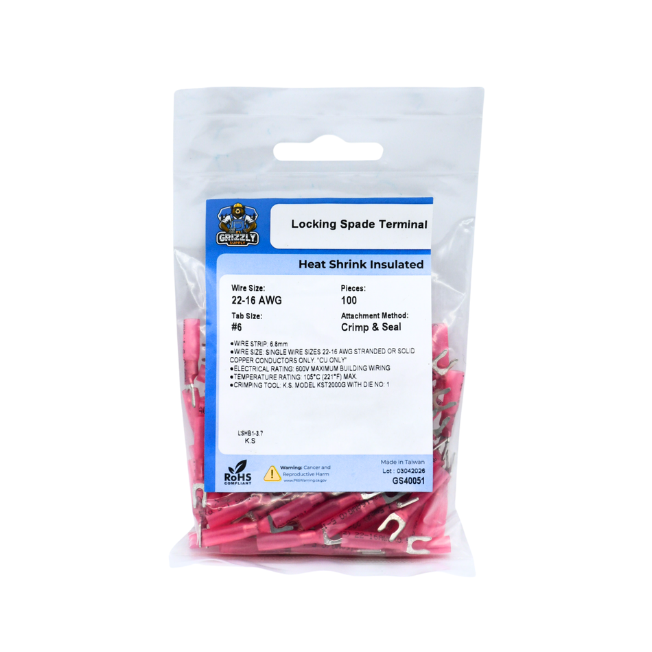 22-18 AWG Heat Shrink #6 Snap Spade Terminal 100/Bag