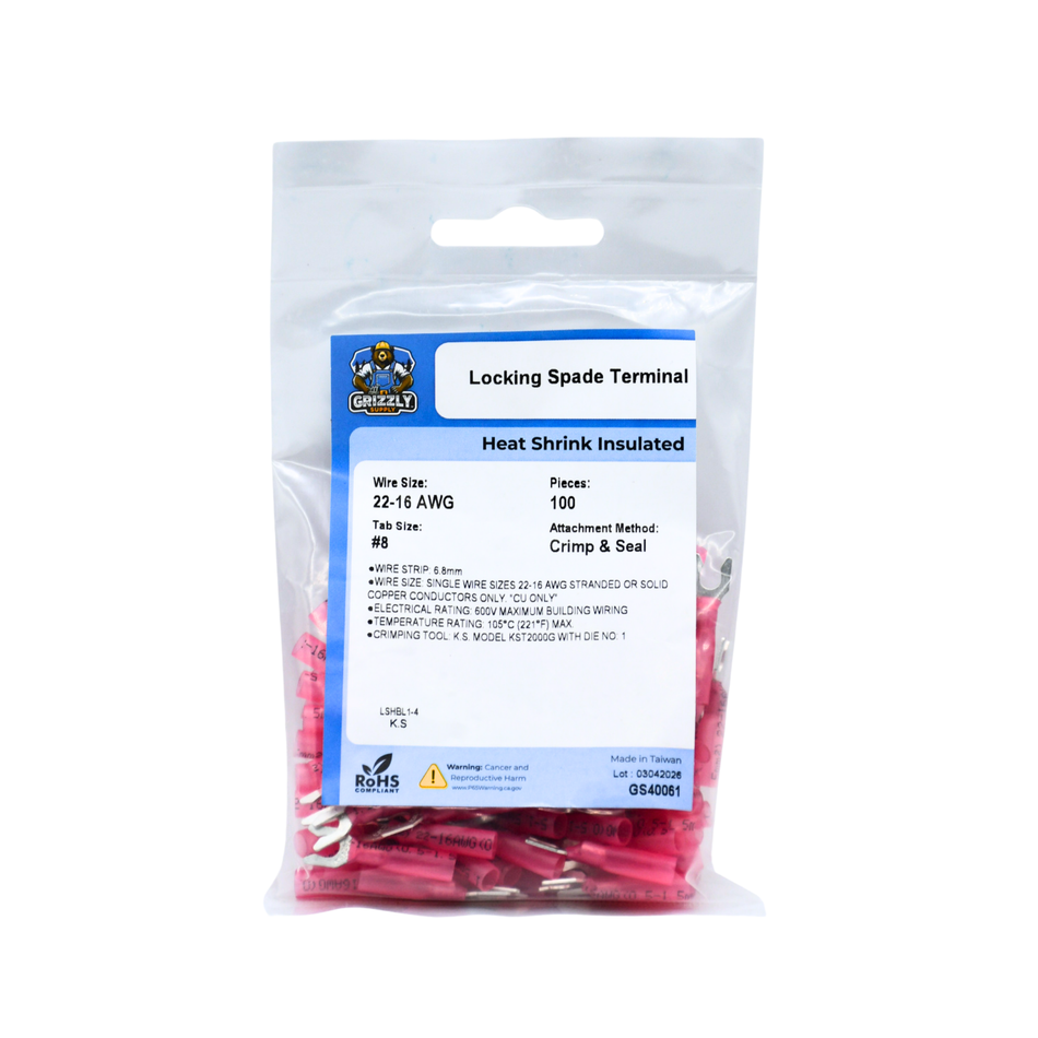 22-18 AWG Heat Shrink #8 Locking Spade Terminal 100/Bag