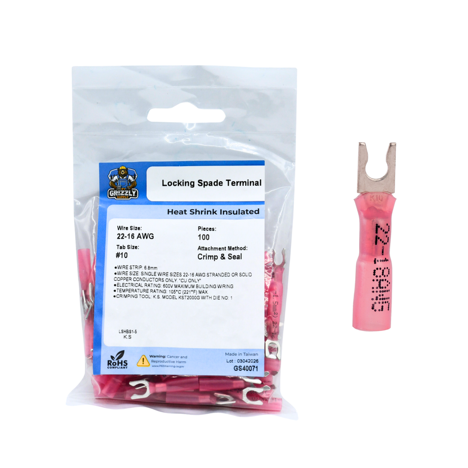 22-16 AWG Heat Shrink #10 Locking Spade Terminal 100/Bag
