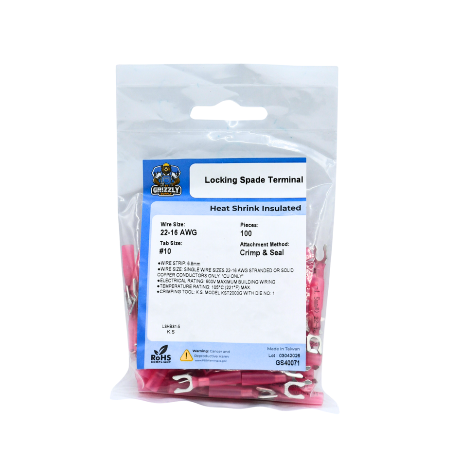 22-16 AWG Heat Shrink #10 Locking Spade Terminal 100/Bag