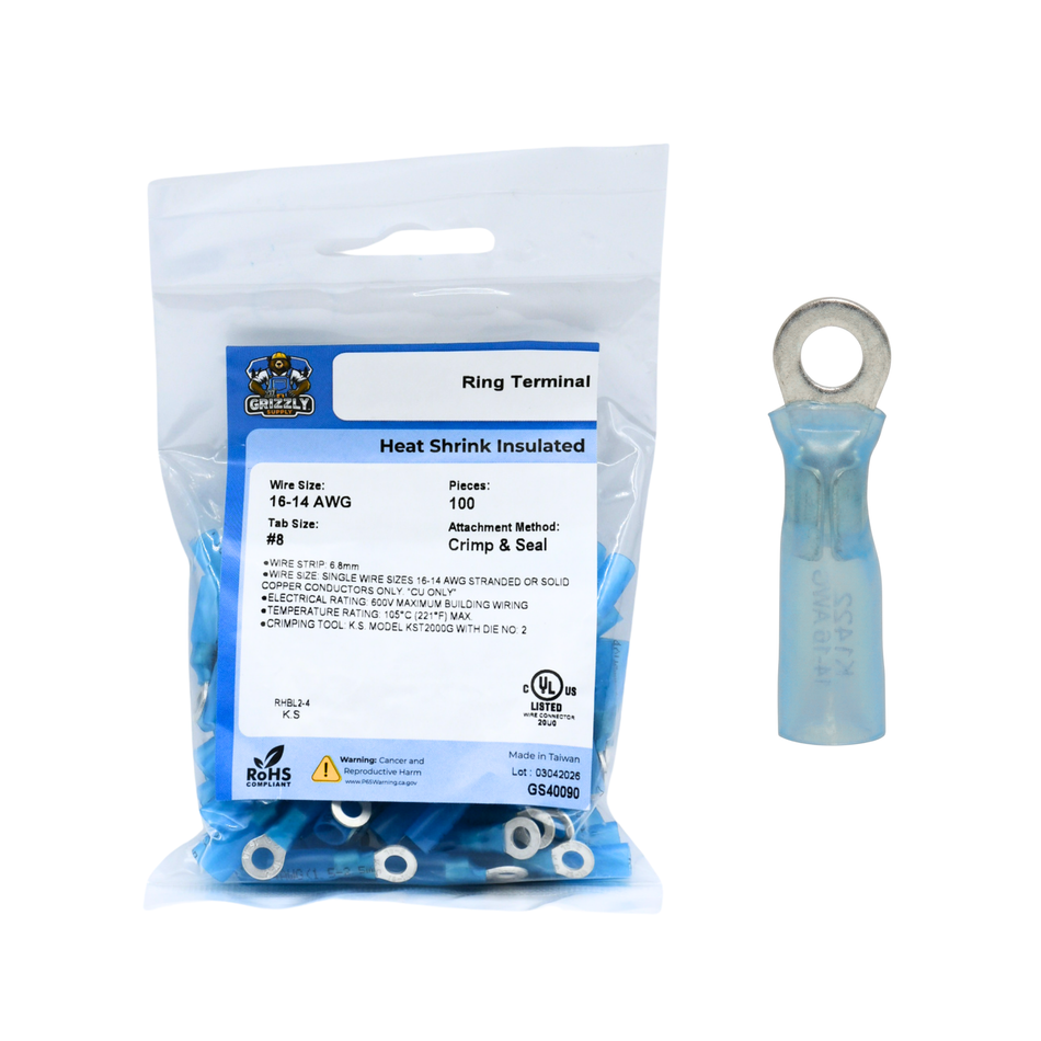16-14 AWG Heat Shrink - Crimp & Seal #8 Stud Ring Terminal 100/Bag