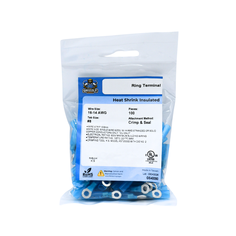16-14 AWG Heat Shrink - Crimp & Seal #8 Stud Ring Terminal 100/Bag