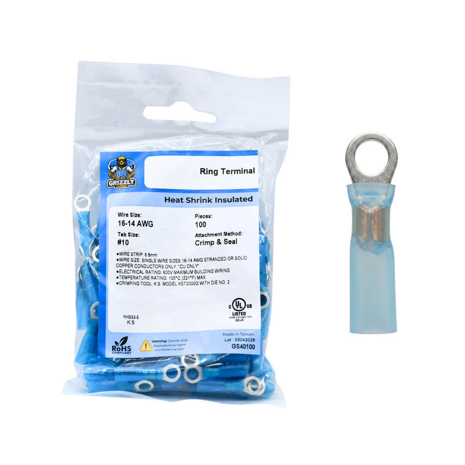16-14 AWG Heat Shrink - Crimp & Seal #10 Stud Ring Terminal 100/Bag
