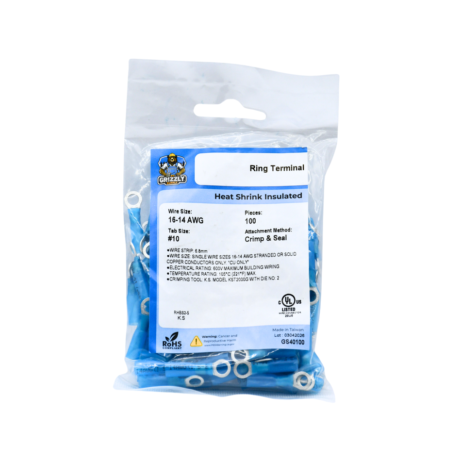 16-14 AWG Heat Shrink - Crimp & Seal #10 Stud Ring Terminal 100/Bag