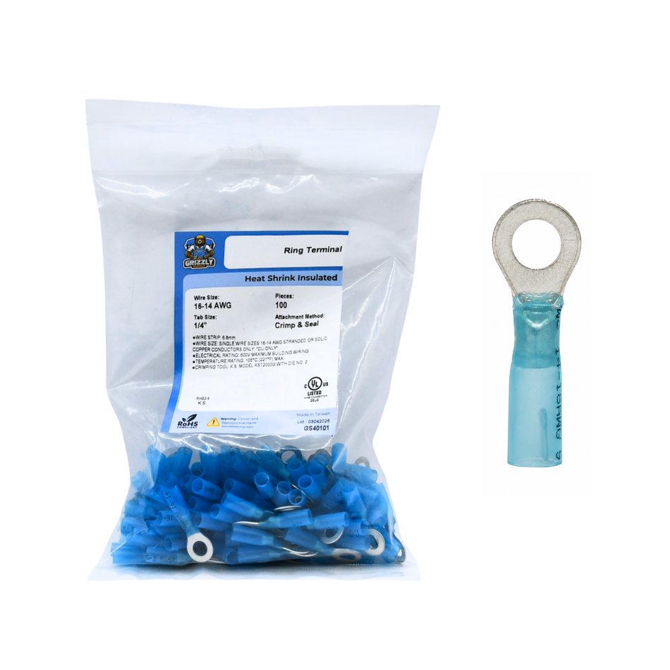 16-14 AWG Blue Polyolefin Insulated Heat Shrink 1/4 Ring Terminals, 100/bag