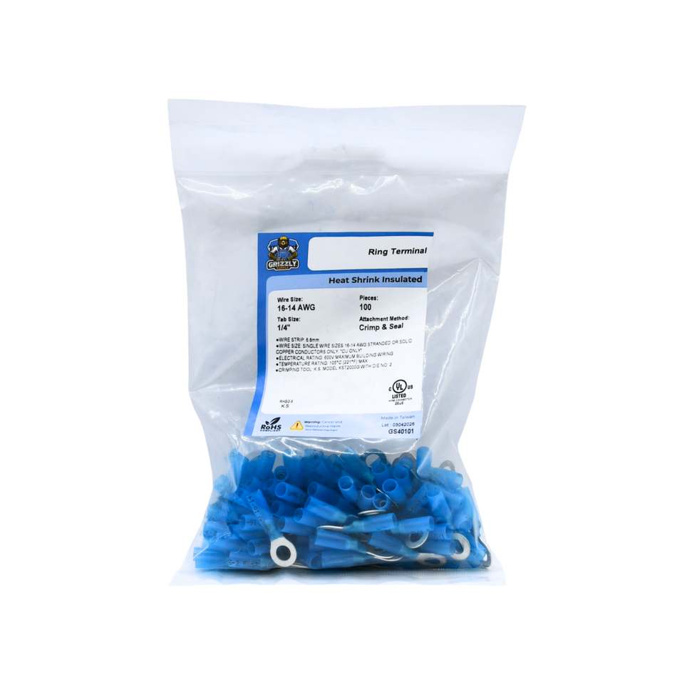 16-14 AWG Blue Polyolefin Insulated Heat Shrink 1/4 Ring Terminals, 100/bag