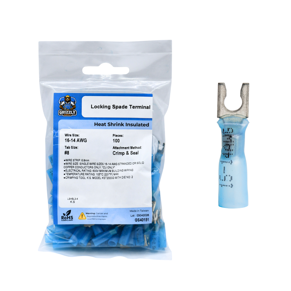 16-14 AWG Heat Shrink #8 Locking Spade Terminal 100/Bag
