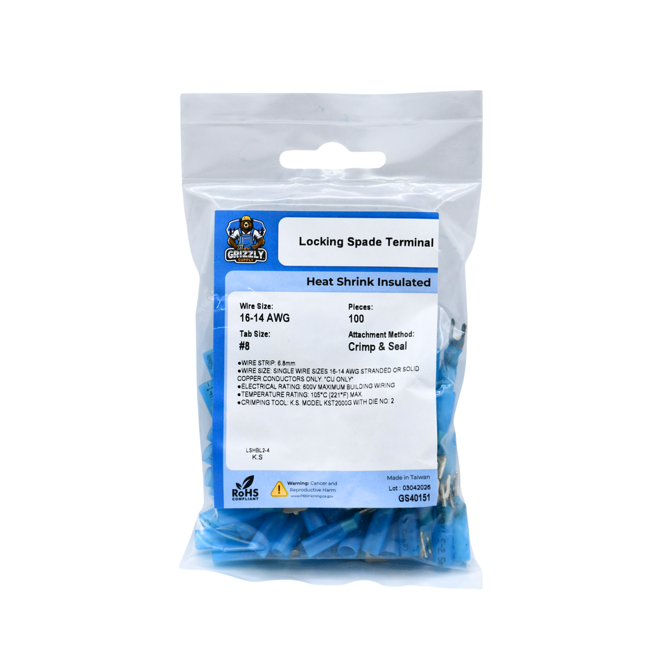 16-14 AWG Heat Shrink #8 Locking Spade Terminal 100/Bag
