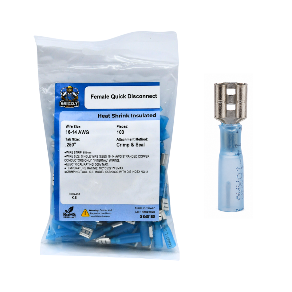 16-14 AWG Blue Polyolefin Insulated Heat Shrink Disconnect Terminals, 100/bag